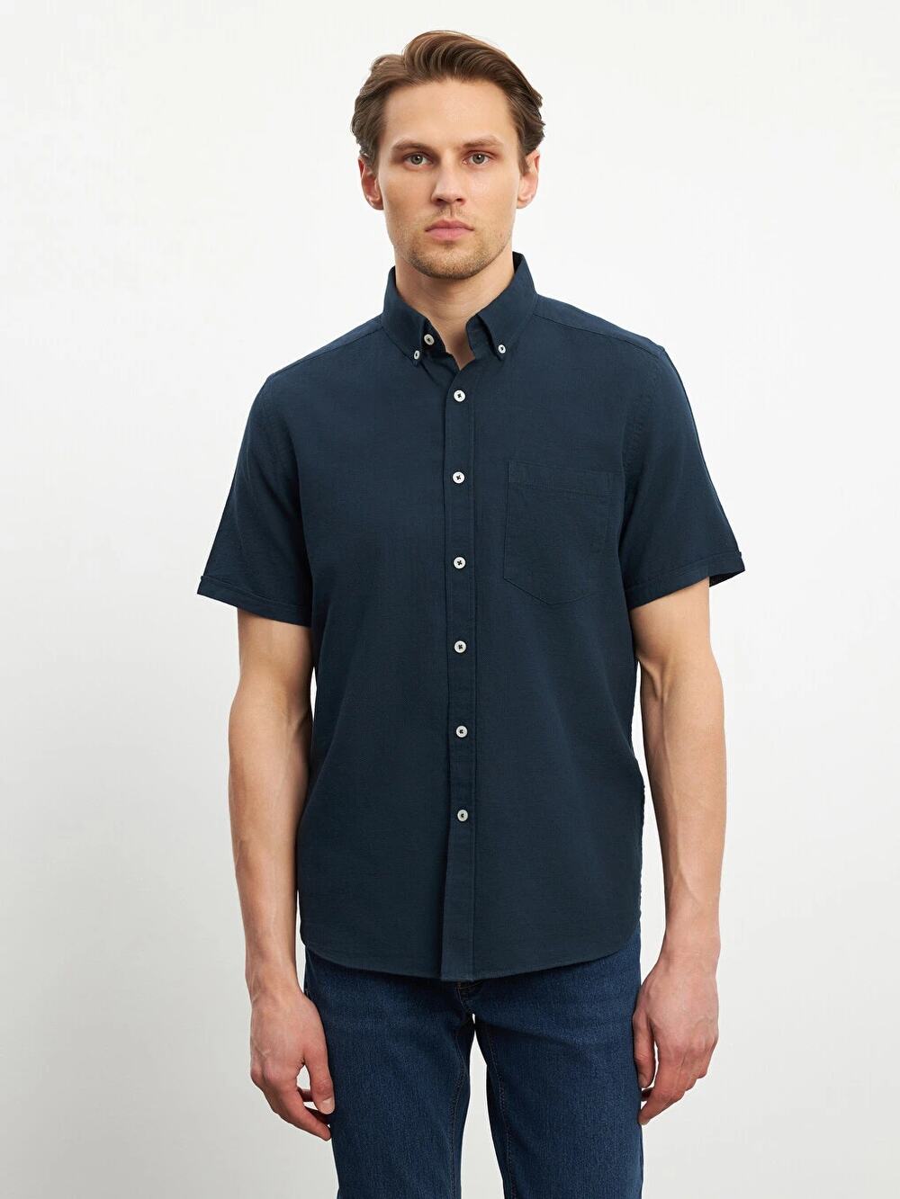 J.Crew 100% Linen Button-Down Shirt Men's XL Navy Blue Short Sleeve Classic Fit